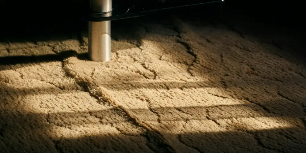 A metal furniture leg on beige carpet with striped light and shadows, illustrating light foundations